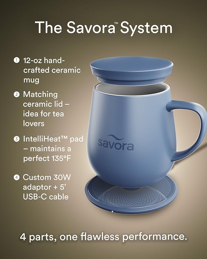 Temperature Control Smart Mug with Wireless Heating Pad - 12oz Ceramic Coffee Mug Warmer | Maintains 135°F Self Heating Cup | IntelliHeat Technology | USB-C Powered - Blue