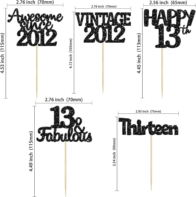 Gyufise 30Pcs Vintage 2012 Cupcake Toppers Glitter Thirteen Happy 13th Cupcake Picks Happy 13th Birthday Cake Decorations for Happy 13th Birthday Anniversary Party Supplies Black