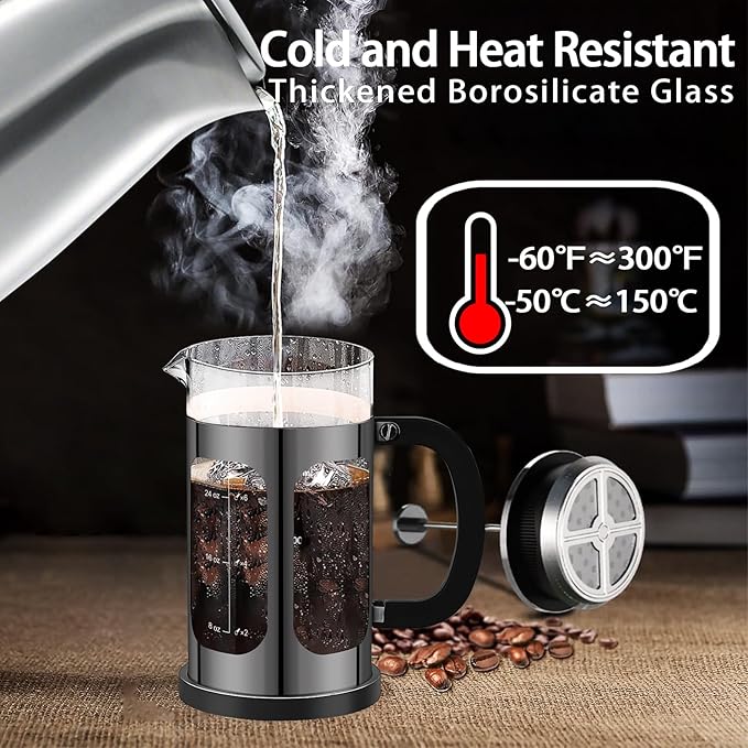 French Press Coffee Maker (34oz 1Quart 5-6Cup) Coffee Press, with 4 Filters System, Heat Resistant Thickness Borosilicate Glass, Cold Brew Coffee Tea Pot Gifts (Bright Black)