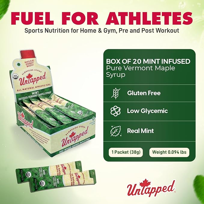 UnTapped Mint Maple Syrup Energy Gels 20 Gels | Organic Pure Vermont Maple Syrup with Real Mint | Gluten-Free, Low Glycemic | Natural Fuel for Running, Cycling & Endurance