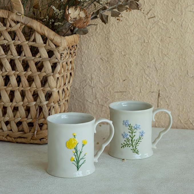 2 Pack Floral Ceramic Coffee Mugs - Yellow and Blue Flowers, Hand-Painted, Microwave & Dishwasher Safe, Ideal for Cappuccino, Tea, Hot Chocolate
