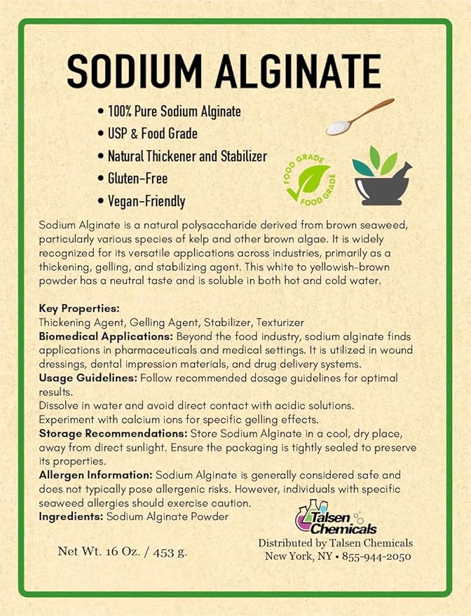 Sodium Alginate (16 Ounce / 453 Grams) Pure Sodium Alginate Powder Food Grade Powder for Thickening, Perfect for Making Luxurious Caviar Spheres, Desserts, Meatloaves by Talsen Chemicals