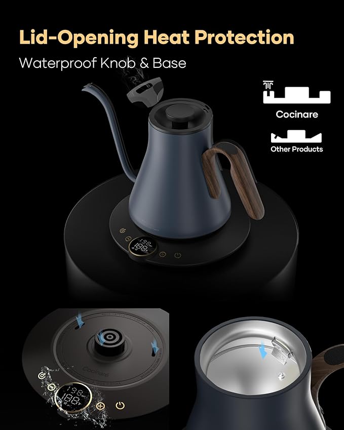 Cocinare FLOW B9 Gooseneck Electric Kettle, Precise Temperature Control for Pour-Over Coffee & Tea Brewing, Stainless Steel Interior, Rapid Heating for Boiling Water 1500W/0.9L (Blue Wooden)