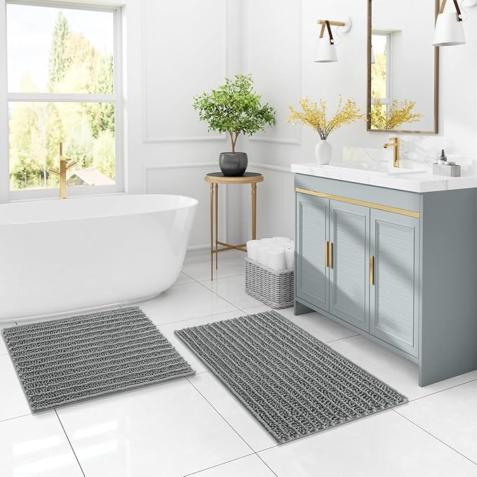 Arotive Luxury Chenille Bathroom Rug Mat, Extra Soft Thick Absorbent Shaggy Bath Rugs, Non-Slip Machine Wash Dry, Plush Bath Mats for Bathroom, Shower and Tub, 47x17, Grey