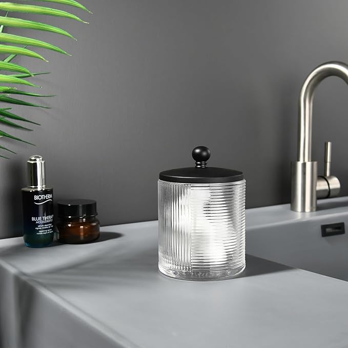 Glass Cotton Jar Holder Matte Black Lid, Elegant Bathroom Storage Canister for Qtips, Cotton Balls, Floss, Makeup Organizer, Vanity Bathroom Organization