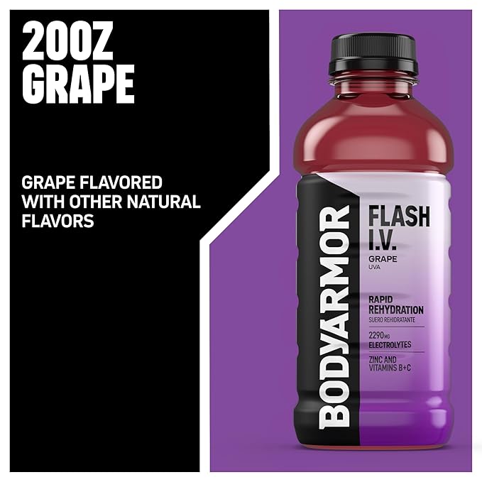 BODYARMOR Flash I.V. Electrolyte Beverage, Grape, Hydration Drink with Coconut Water For Rapid Rehydration, Post Workout Recovery, 20 Fl Oz (Pack of 12)