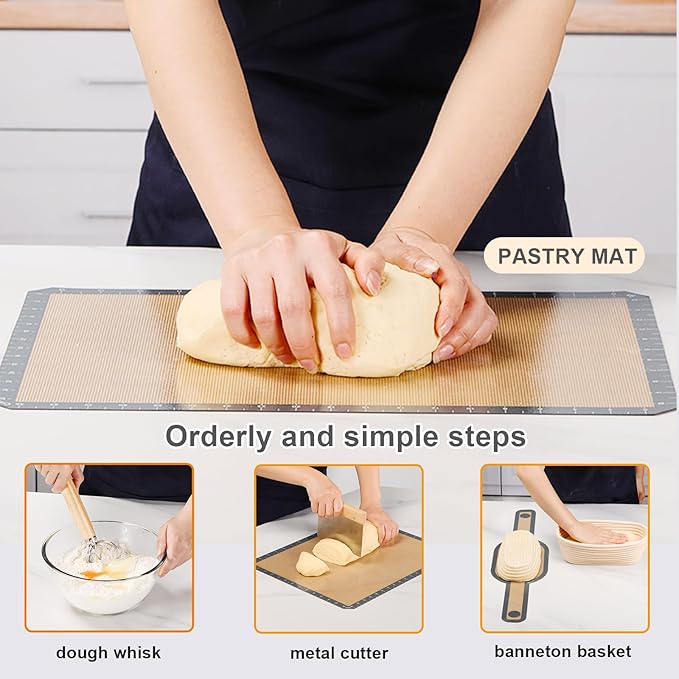 Banneton Bread Proofing Basket Set, 10 In Oval and 9 in Round Proofing Basket, Sourdough Bread Baking Supplies, Silicone Baking Mat, Danish Dough Whisk, Perfect Baker's Gift Set