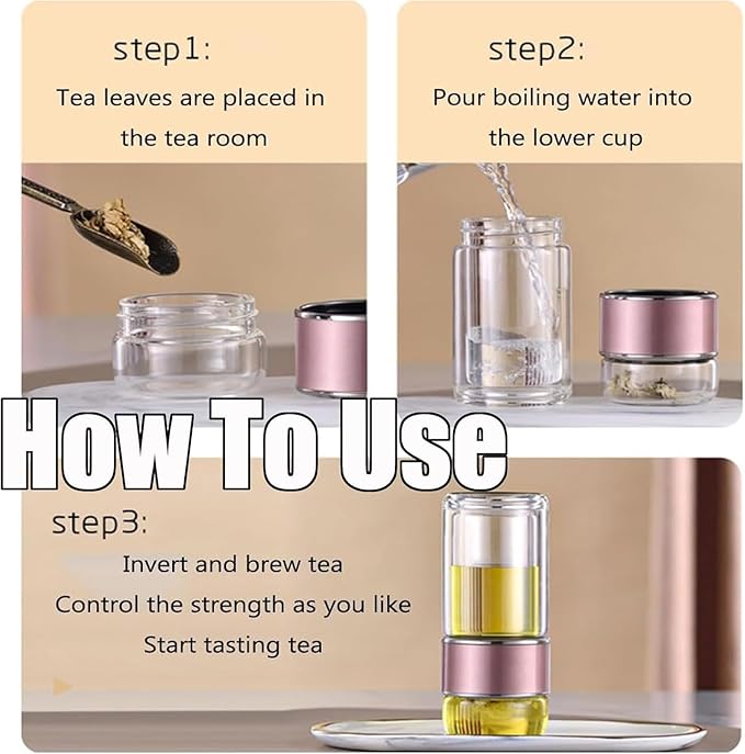 Tryteava Glass Infuser, Tryteava 3-in-1 Smart Tea Infuser, Portable Glass Double Wall Tea Infusers Bottle, with Stainless Steel Filter, Hot & Cold Brew, For Loose Leaf, Office Home (Gold, 350ml)