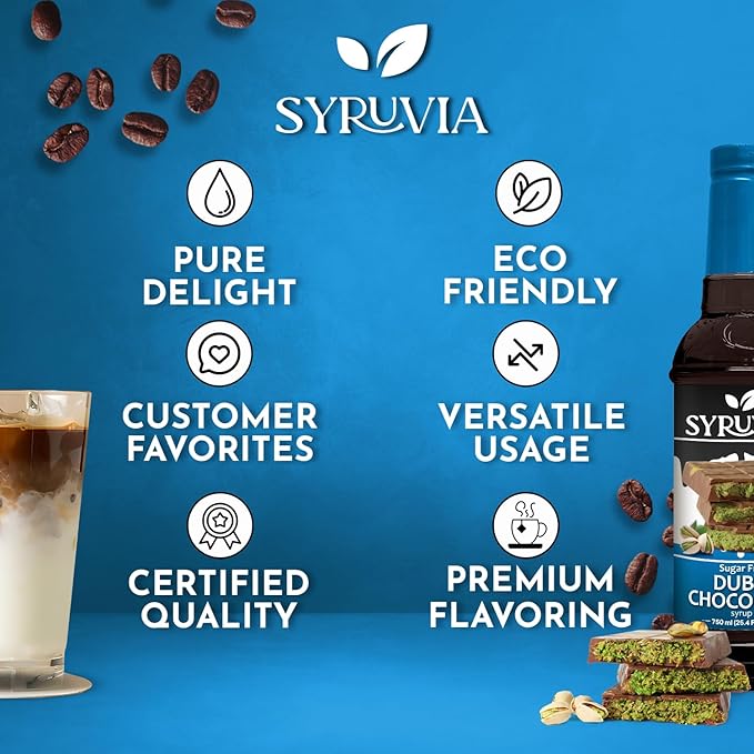 Syruvia Sugar Free Coffee Syrup, Dubai Chocolate Flavored Syrup for Drinks, Lattes, and Desserts – 25.4 fl oz