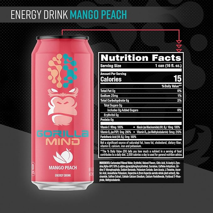 Gorilla Mind Energy Drink | Unmatched Energy · Amplified Focus | N-Acetyl-L-Tyrosine, Alpha-GPC, 200mg Caffeine, Uridine, Saffron | 0 Sugar Or Artificial Colors | 16oz, 12-Pack (Mango Peach)