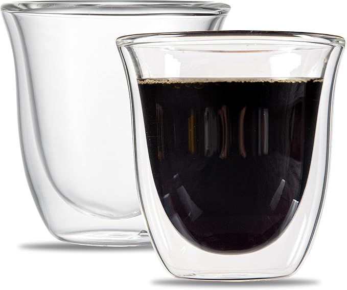 Restaurantware-Forma Professional 2.7 Ounce Double Wall Shot Glasses, 12 Insulated Espresso Cups - Dishwashable, Reusable, Clear Glass Coffee Cups, Freezable, For Hot Or Cold Beverages