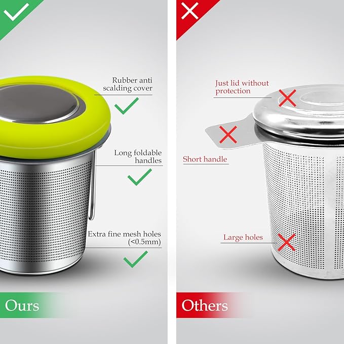 Fenshine Tea Infuser Stainless Steel Tea Strainer Folding Handle Tea Filter Extra Fine Mesh Strainer Brewing Basket with Lid for Loose Leaf Tea (Green)