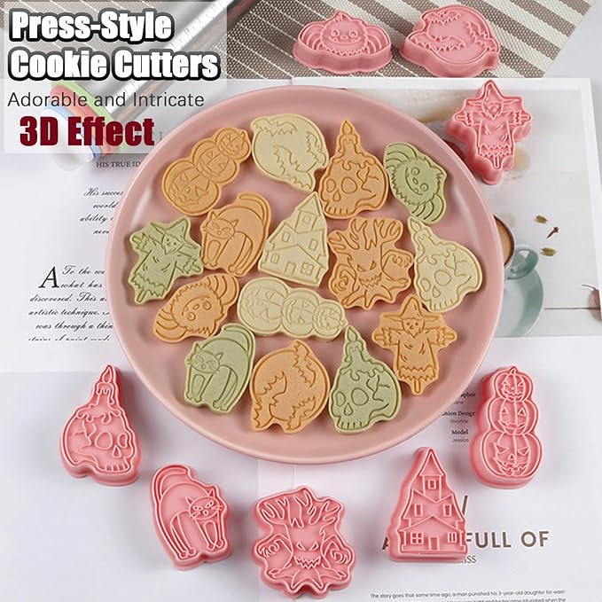 8 Pcs Halloween Cookie Cutters Set Baking Molds 3D Halloween Press type Cookie Cutter for Baking, Fondant, Cheese, and Pastries