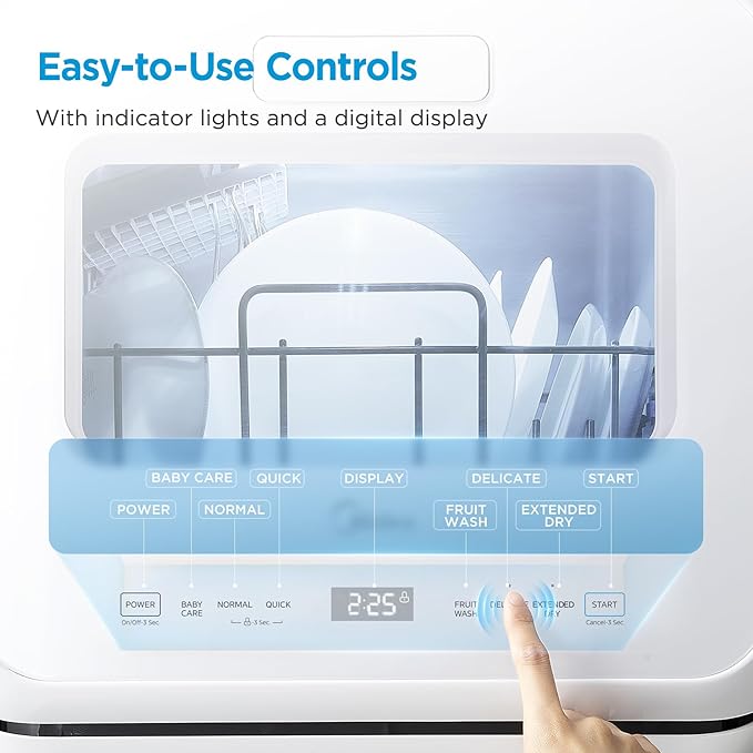 Midea MDC17P4CWW Portable Countertop Mini 5L Built-in Water Tank, Baby Care, No Hookup Needed, 360° Dual Spray,High-Temp wash, Dishwasher for Apartments& RVs, White, Whole