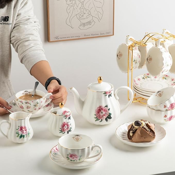 Porcelain Tea Sets British Royal Series, 8 OZ Cups & Saucer Service for 6, with Teapot Sugar Bowl Cream Pitcher Teaspoons and Tea Strainer, Suitable for High Tea, Wedding, Party（Spring Flowers）