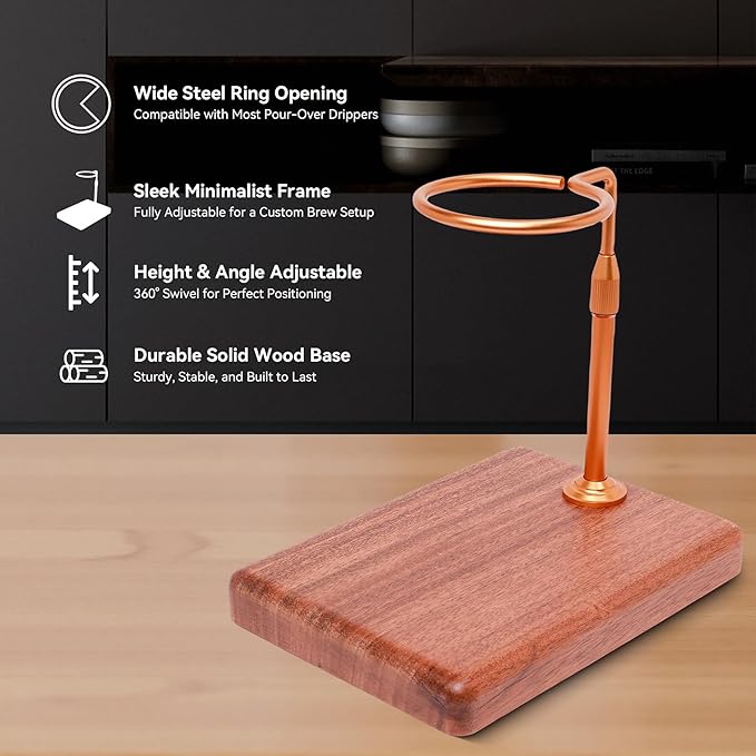 Pour Over Coffee Maker with Adjustable Stand & Wooden Base, Dripper Stand for Manual Coffee Brewing, Coffee Filter Holder, Tea Strainer Stand for Home, Café, Restaurant, Camping, Golden