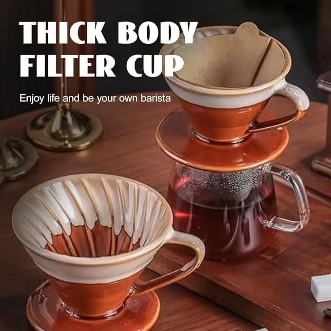 Ceramic Coffee Dripper Filter 02-4Cup Pour Over Coffee Dripper, 60 Angle Cone Ceramic Hand Brew Coffee Cup Retro Filter Set Reusable Portable Coffee Maker (Bronze)