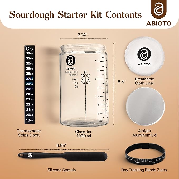 Sourdough Proofing Basket and Starter Jar Kit – 3.3 LB Round Wood Pulp Banneton with Waffle Pattern (Made in Germany) and 34 oz Sourdough Starter Jar, Thermometer Strips & Spatula – Bread Proofing Set