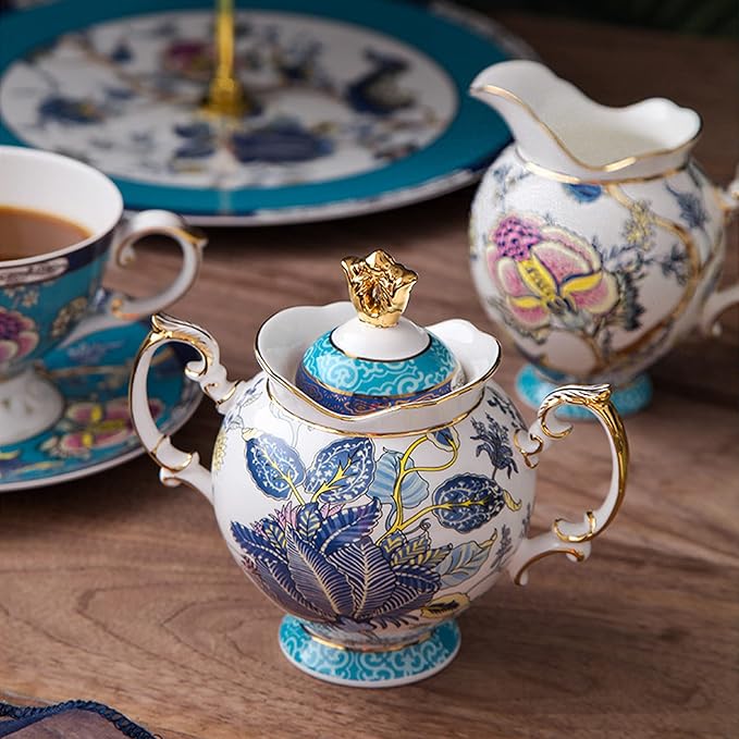 ACMLIFE Tea Sets for Adults for 6, Blue Tea Set with Cups, Fine Bone China 24K Gold, Tea Pot and Cups Set, Vintage British English Porcelain Afternoon Service Sets for Women Tea Party for Luxury Gift