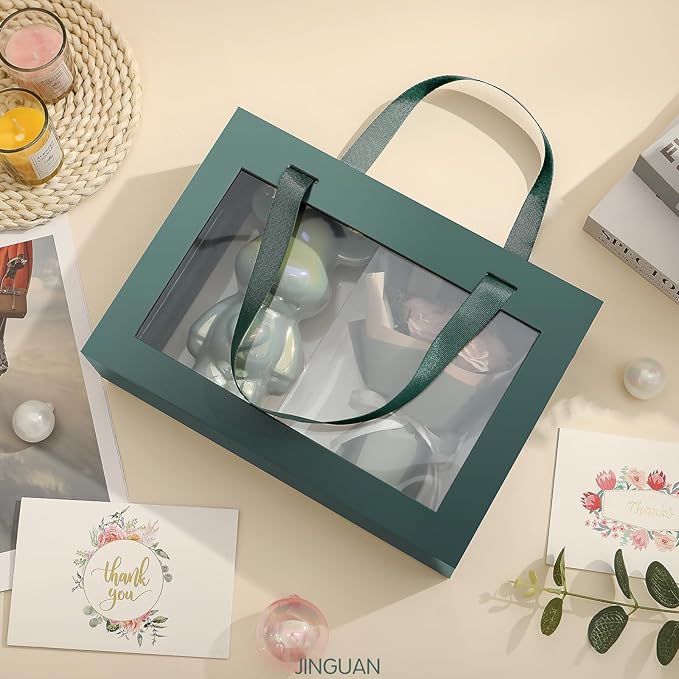 Green Gift Box with Window, Gift Box with Lid and Handle, Clear Magnetic Gift Box for Present, Bridesmaid Proposal Box (10.5x7.5x3 Inches