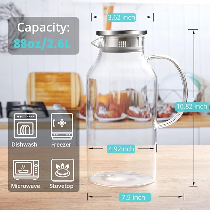 2.6 Liter 88 oz Glass Pitcher with Lid and Spout, Glass Water Carafe for Hot/Cold Water, Iced Tea Pitcher, Large Pitcher for Coffee, Juice and Homemade Beverage