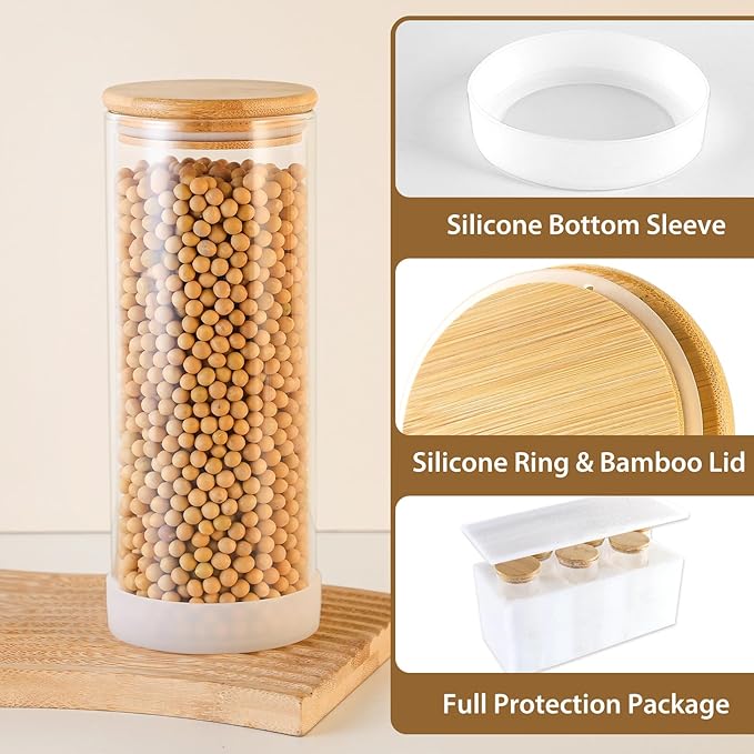 34oz Round Glass Storage Containers with Bamboo Lids – 6 Pack Clear Food Airtight Glass Jars for Pantry Organizers and Storage, Kitchen Dry Food, Flour, Cereal, Coffee Beans & Staples
