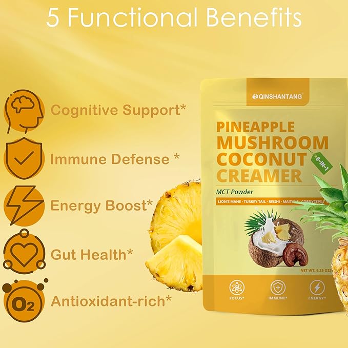 Mushroom Coffee Creamer, Pineapple Flavored, Probiotics, MCT Powder and 6 Mushrooms | Lion's Mane, Turkey Tail, Reishi, Maitake, Chaga, Cordyceps | Boosts Energy, Focus, Supports Immunity | Gluten-Free, Vegan, 6.35 Oz