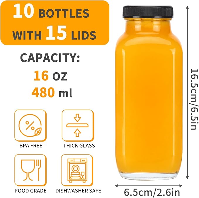CUCUMI 10pcs 16oz Glass Juice Bottles with Lids, Reusable Juice Containers Drinking Jars Water Cups with Brush, Glass Straws, Lids with Hole