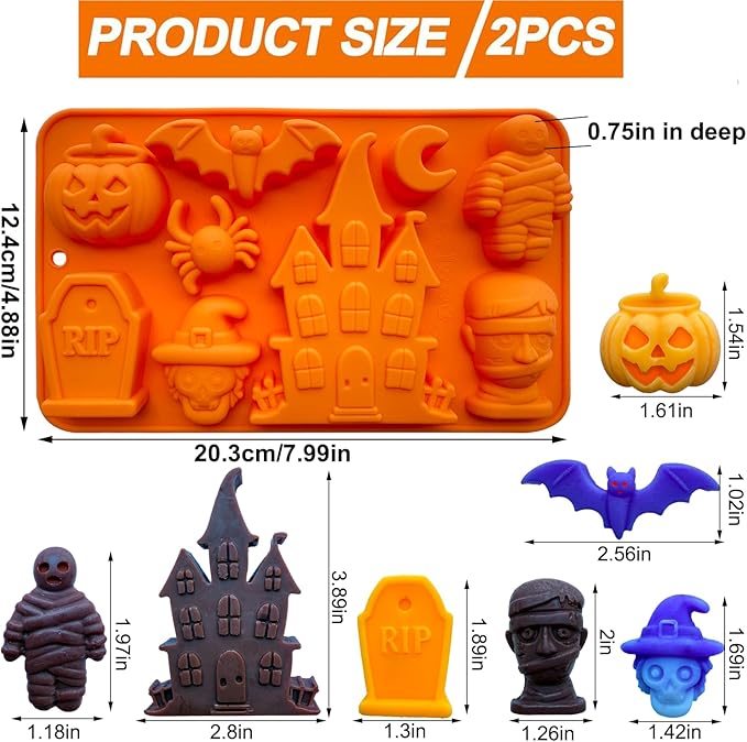 2 Pack Halloween Chocolate Candy Silicone Mold Halloween Molds Castle Pumpkin Tombstone Skull Witch Hat Gummy Jello Baking Mold for DIY Ice Cube Sugar Halloween Party Cupcake Topper Cake Decorating