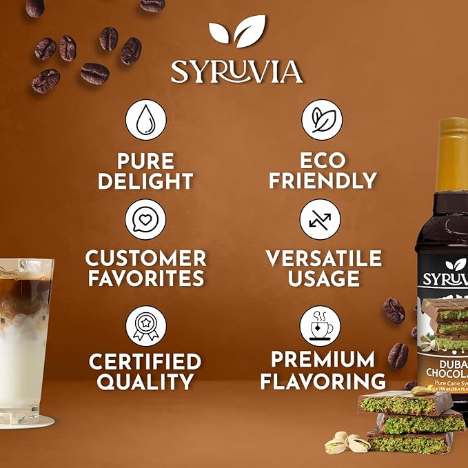 Syruvia Dubai Chocolate Coffee Syrup - 25.4 fl oz - Kosher Syrups, Gluten Free, No Coloring, Perfect for Drinks, Soda, Shakes, Desserts, and More.