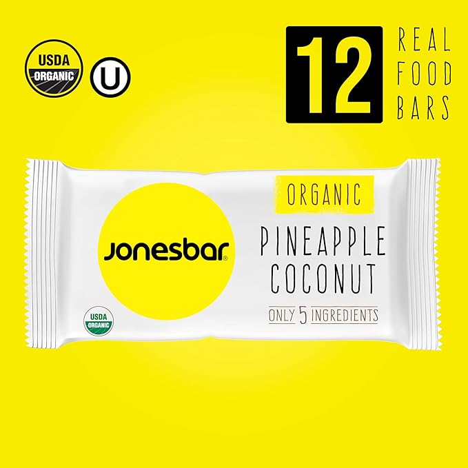 JONESBAR (Pineapple and Coconut, 12 Count (Pack of 1)), USDA Organic Fruit & Nut Bar, Non-GMO, Kosher, Vegan, Gluten Free, Simple Snack Bar