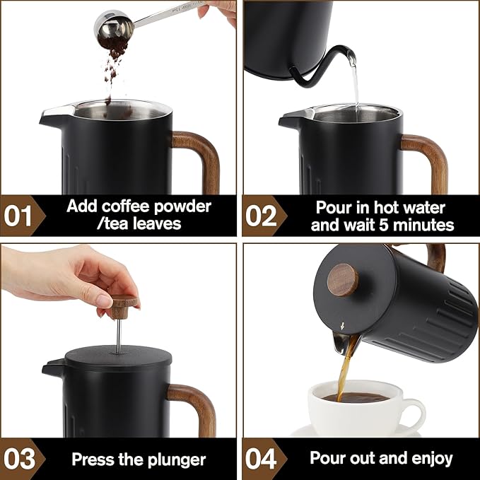 Rorence 34oz French Press Coffee Maker, Coffee Press with Real Wood Handle & Plunger Head, Double Wall Insulation & Dual-Filter Screen, incl. replaced filters & instructions, Black