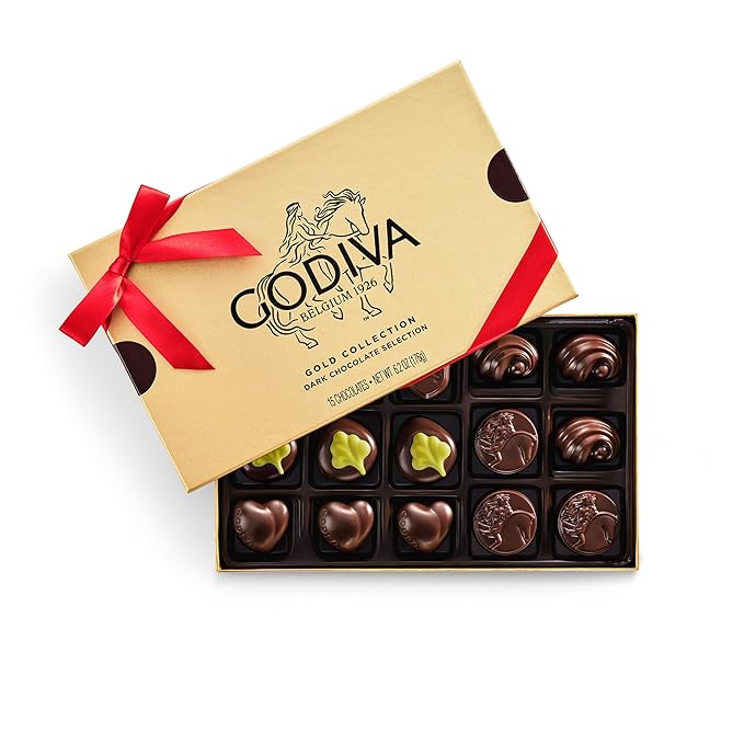 Godiva Red Bow Gold Dark Chocolate Gift Box, Belgian Dark Chocolates with Ganaches, Nuts & Caramels, Gourmet Holiday Gift, Non-GMO & Kosher, 15 Pc