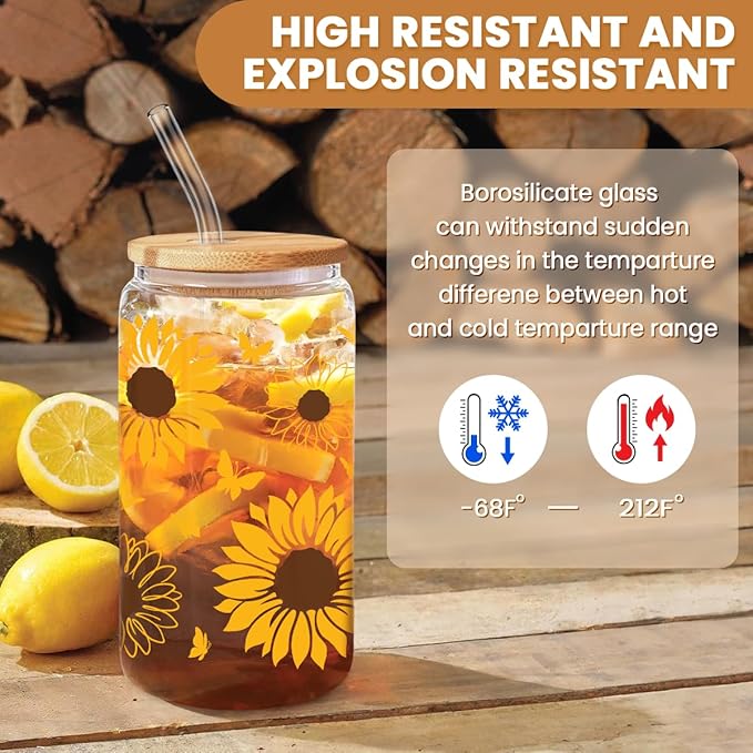 Sunflower Gifts for Women - Sunflower Cup 16 Oz Can Glass Coffee Cups with Bamboo Lid and Straw - Gift for Birthday