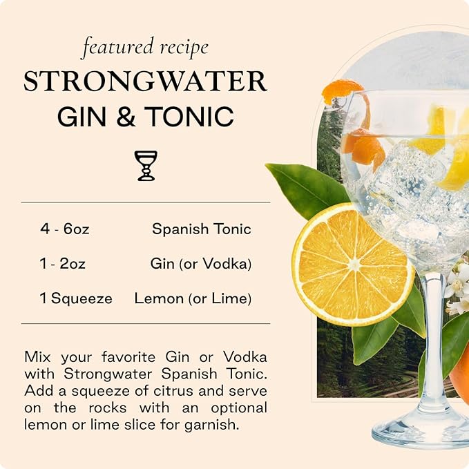 Strongwater Sparkling Spanish Tonic Water - 12 Pack Cans (8.4 Fl Oz Each) - Premium Craft Cocktail Mixer - Orange Blossom Water with Quinine & Tangerine - Real Cane Sugar, No Artificial Flavors