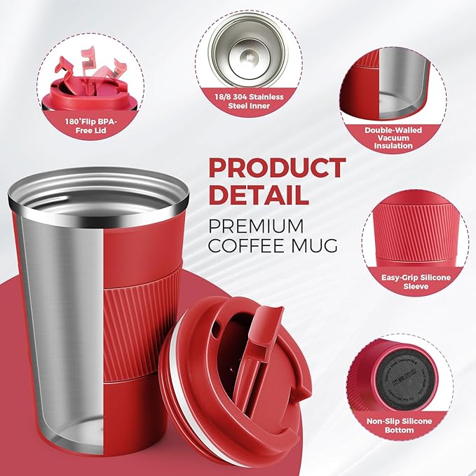 Volhoply 13 oz Stainless Steel Insulated Travel Coffee Mug with Fip Lid Bulk 8 Pack,Reusable Double Wall Vacuum Metal Coffee Cup,Portable Leak Proof Thermal Tumbler for Hot & Cold Drinks(Red,8)
