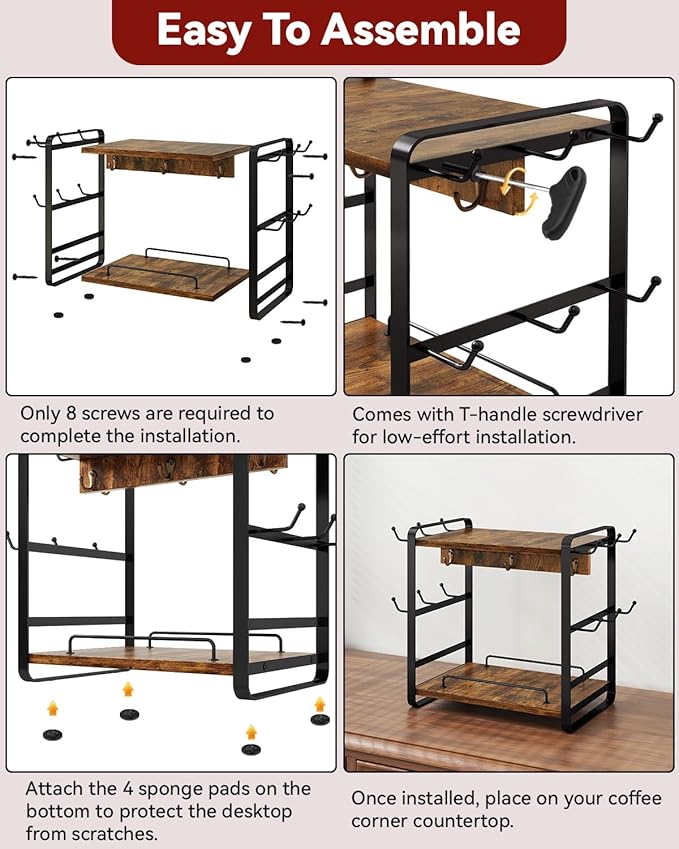 IBUYKE Coffee Bar Station Countertop Organizer,2 Tier Kitchen Mug Cup Holder Stand,Wooden Coffee Mug Organizer with 18 Hooks,Multifunctional Mug Tree for Home Kitchen, Office,Vintage Brown UTBJ006H