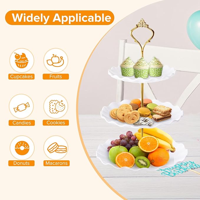Hoedia 3 Tier Cupcake Stand Tower, Plastic White Cup Cake Holder for Dessert stands, Tiered Serving Tray for Tea Party, Birthday Party, Wedding Decor and Baby Shower(Round Wave)