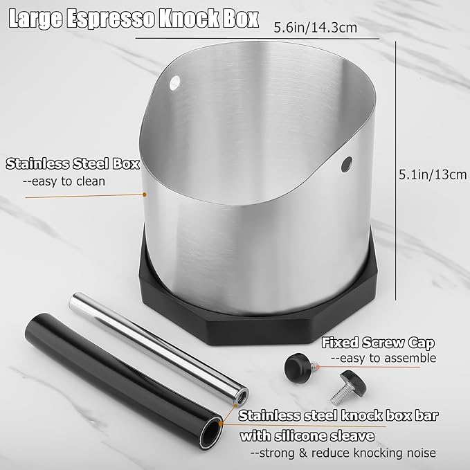 Coffee Knock Box, Large Capacity Espresso Knock Box with Non-Slip Base, Coffee Measuring Cup,Coffee Puck Knock Box Stainless Steel for Espresso Machine Coffee Grounds (Silver)