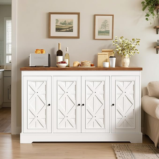 YITAHOME Sideboard Buffet Cabinet with Storage, 59" Buffet Storage with 4 Doors, Modern Farmhouse Coffee Bar Station Wood Kitchen Table with Adjustable Shelves for Kitchen, Living Room (White)