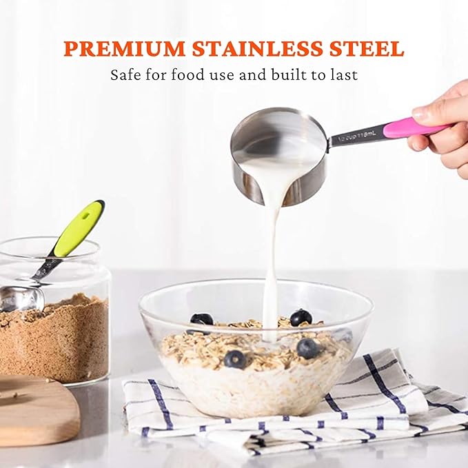 Stainless Steel Measuring Cups and Spoons Set of 19, 5 Measuring Cups with Colored Silicone Handles, 9 Nesting Spoons, 5 Mini Spoons, Kitchen Gadgets for Cooking & Baking, Dry and Liquid Ingredients