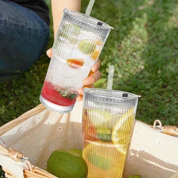 20oz Ribbed Drinking Glasses with Lids and Glass Straws-Thickened Glass cup -Vintage glass straw cups- Ideal for Iced Coffees, Cocktails, Juices, Family Use and Parties (4)