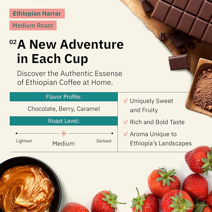 Kochere Ethiopian Harrar Whole Bean Coffee – 1LB Medium Roast – Fresh Roasted to Order – Single Origin, Farm Direct, Rich Flavored Coffee Beans – Chocolate & Fruity Notes