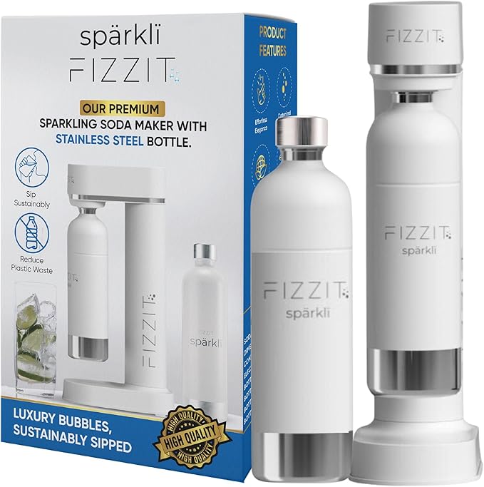 White Stainless Steel Sparkling Water Maker Soda Maker Includes 1 x CO2 Cylinder & 1L White Stainless Steel Bottle