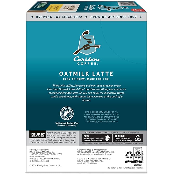 Caribou Coffee Vanilla Vibes Oatmilk Latte, One Step Latte Single Serve Keurig K-Cup Pods, 20-Count Box