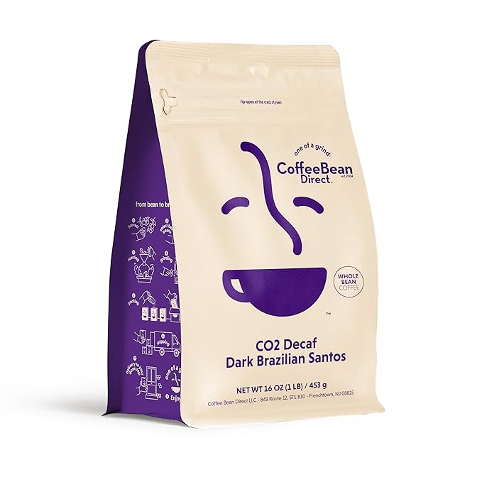 Coffee Bean Direct CO2 Decaf Dark Brazilian Santos, Whole Bean Coffee, Dark Roast, 1 Pound Bag (Pack of 1)