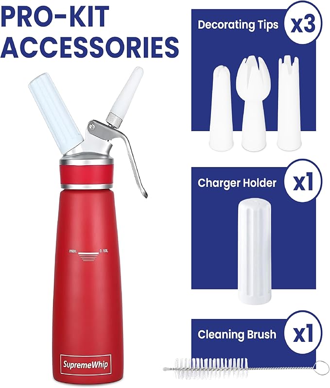 PRO Cream Dispenser, Durable High-Grip, Metal Lid with Rubber, 3 Nozzles, for Hot/Cold Use, Cleaning Brush Included, Red - 500 ml / 1 Pint