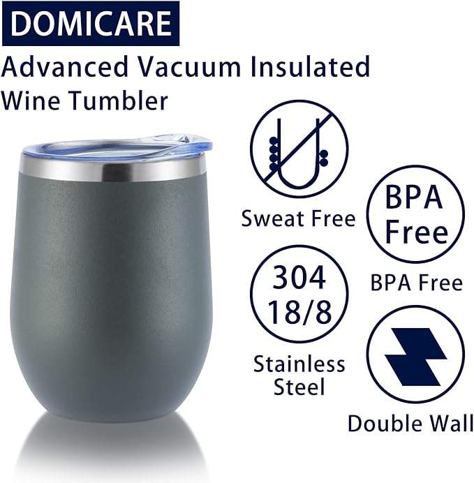 DOMICARE Stainless Steel Wine Tumbler Bulk with Lid, Personalized Insulated Tumblers Set, 12oz Travel Coffee Cups Pack of 1, Gray