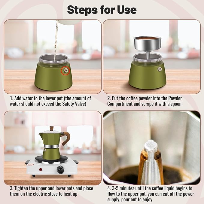 3 Cup Aluminum Moka Pot Classic Stovetop Espresso Coffee Maker 150ml 5oz Coffeemaker Percolator Mocha Pot Greca Coffee Maker Cafe Makers for Italian and Cuban Café Brewing Green