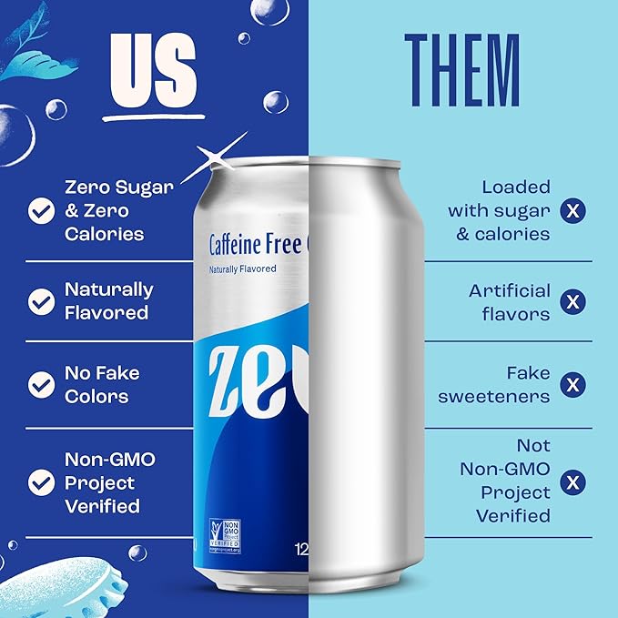Zevia Zero Sugar Soda, Caffeine Free Cola, 12 oz Cans (24-Pack) – Naturally Sweetened, Zero Calorie Sugar Free Soda - Non-GMO Project Verified, Gluten-Free, Vegan
